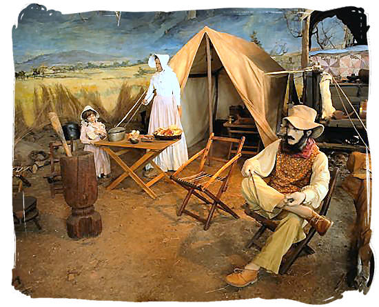 Museum scene of a “Laager” (encampment) of a Voortrekker family on their journey into the interior of South Africa