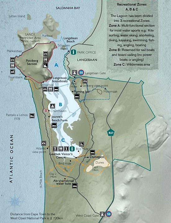 Map of the West Coast National Park showing its infra-structure - West Coast National Park, South Africa National Parks