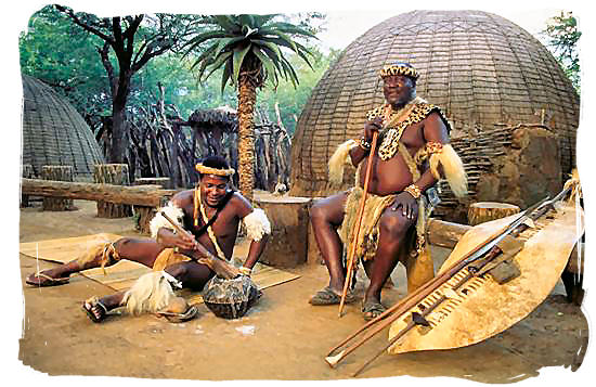 Zulu chief with his weapons and shield at the Shakaland Zulu cultural village - Battle of Blood River